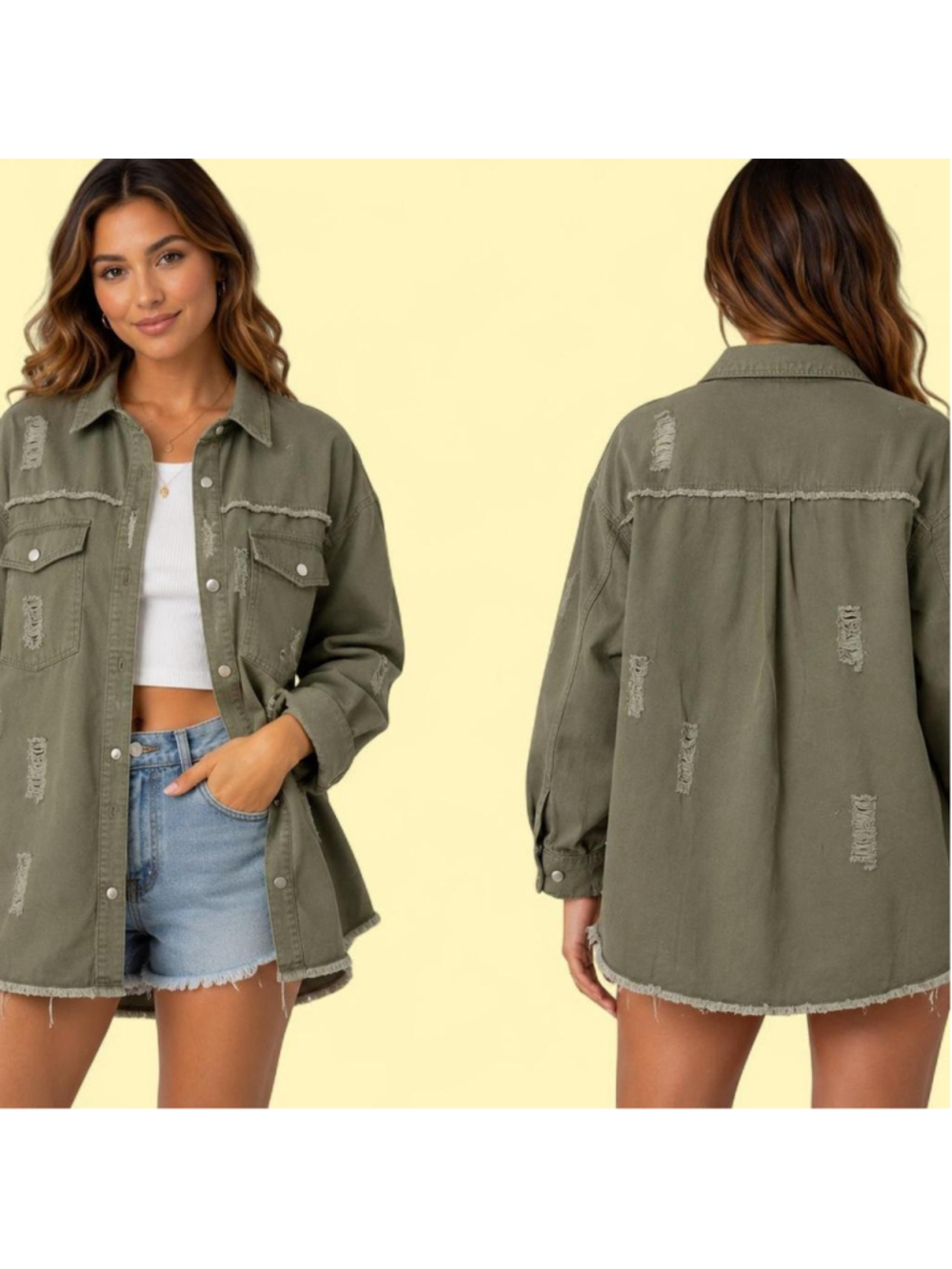 Olive green cotton button-up shacket with distressed details, size 2XL elements: